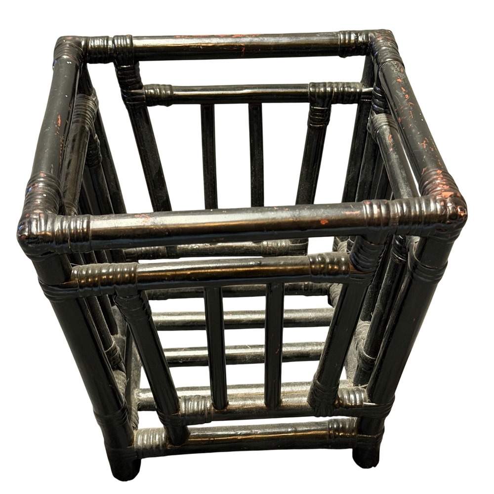 VTG  Black Rattan Faux Bamboo Square Planter  Basket Storage Chinoiserie Style